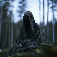 the grim reaper sitting on a rock in the woods generative ai photo