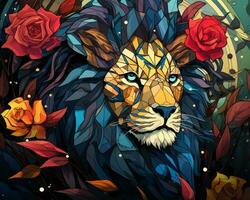 el león es rodeado por rosas y hojas generativo ai foto