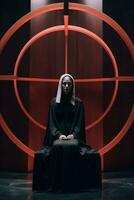 the nun is sitting on a chair in front of a red circle generative ai photo