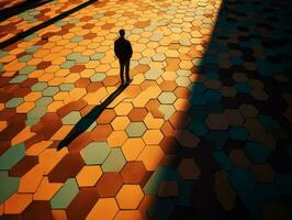 the silhouette of a person walking on a hexagonal floor generative ai photo