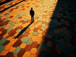 el silueta de un persona caminando en un hexagonal piso generativo ai foto