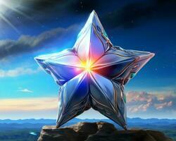 the star is made out of metal and has a bright light shining from it generative ai photo