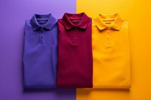 Tres de colores polo camisas en un púrpura y naranja antecedentes generativo ai foto