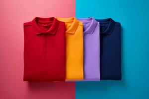 three different colored polo shirts on a blue and red background generative ai photo