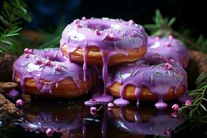 Tres rosquillas con púrpura Crema son en un negro superficie generativo ai foto