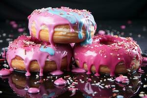 three donuts with pink and blue frosting sitting on a black plate generative ai photo
