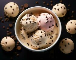 three scoops of ice cream in a bowl surrounded by chocolate chips generative ai photo