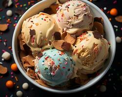 three scoops of ice cream in a bowl with sprinkles generative ai photo