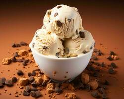 three scoops of ice cream in a bowl with chocolate chips generative ai photo