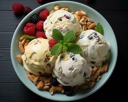 three scoops of ice cream with berries and nuts generative ai photo