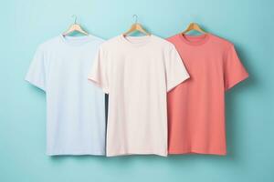 three t - shirts hanging on hangers against a blue background generative ai photo