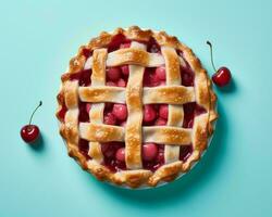 top view of cherry pie with lattice top view of cherry pie with lattice on blue background top view of cherry pie with lattice on blue background generative ai photo