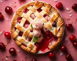 top view of cherry pie with lattice top view of cherry pie with lattice on pink background top view of cherry pie with lattice on pink background generative ai photo