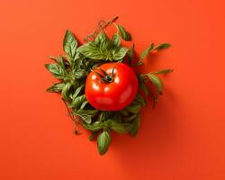 tomato and basil on an orange background generative ai photo