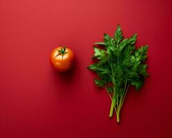 tomato and parsley on a red background generative ai photo