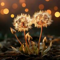 two dandelions blowing in the wind generative ai photo