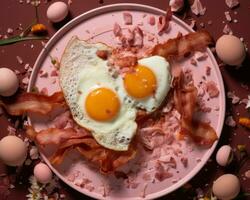 dos huevos y tocino en un rosado plato generativo ai foto