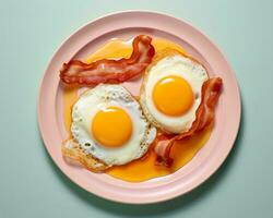 dos frito huevos y tocino en un rosado plato generativo ai foto