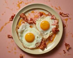two fried eggs and bacon on a plate on a pink background generative ai photo