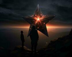 dos personas en pie en parte superior de un montaña mirando a un estrella generativo ai foto