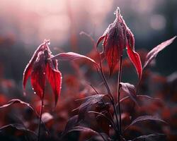 two red leaves with frost on them in front of the sun generative ai photo