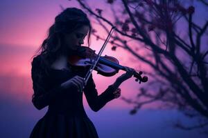 mujer en negro vestir jugando violín a puesta de sol generativo ai foto