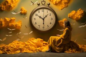 woman in yellow dress sitting in front of a clock with birds flying around it generative ai photo