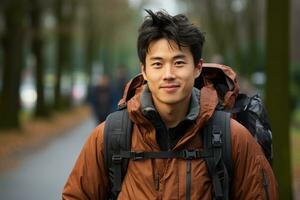 young asian man with backpack walking down the street generative ai photo