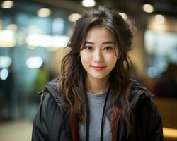 young asian woman smiling in an office building generative ai photo