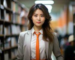 young asian woman wearing orange tie standing in a library with bookshelves generative ai photo