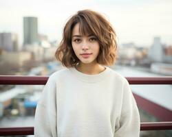 young asian woman with short hair standing on a balcony in front of a city skyline generative ai photo