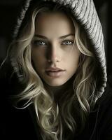 a beautiful blonde woman in a hoodie generative ai photo