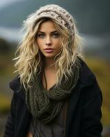 a beautiful blonde woman wearing a beanie and scarf generative ai photo