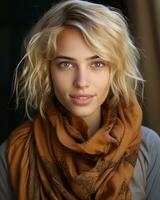 a beautiful blonde woman with a scarf on her head generative ai photo