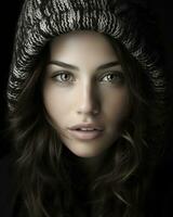 a beautiful woman with long hair and a beanie generative ai photo