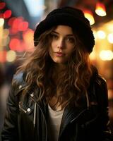 a beautiful young woman in a black hat and leather jacket generative ai photo