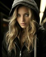 a beautiful young woman in a black jacket and hoodie generative ai photo