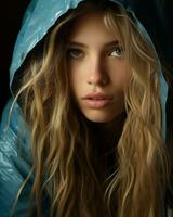a beautiful young woman in a blue jacket generative ai photo