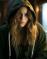 a beautiful young woman in a green hoodie generative ai photo