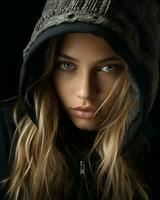 a beautiful young woman in a hoodie generative ai photo