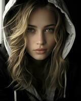 a beautiful young woman in a hoodie generative ai photo