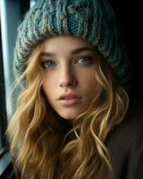 a beautiful young woman in a knitted hat looking out the window generative ai photo