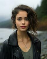 a beautiful young woman in a leather jacket standing by the water generative ai photo