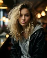 a beautiful young woman in a leather jacket sitting at a table generative ai photo