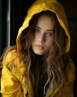 a beautiful young woman in a yellow raincoat generative ai photo