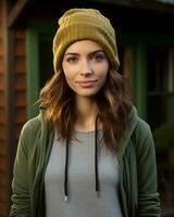 a beautiful young woman wearing a yellow beanie generative ai photo