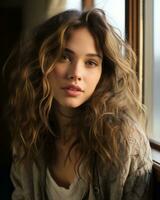 a beautiful young woman with curly hair sitting by the window generative ai photo