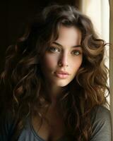 a beautiful young woman with long curly hair generative ai photo