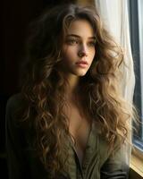 a beautiful young woman with long curly hair looking out the window generative ai photo