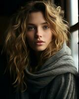 a beautiful young woman with long curly hair generative ai photo